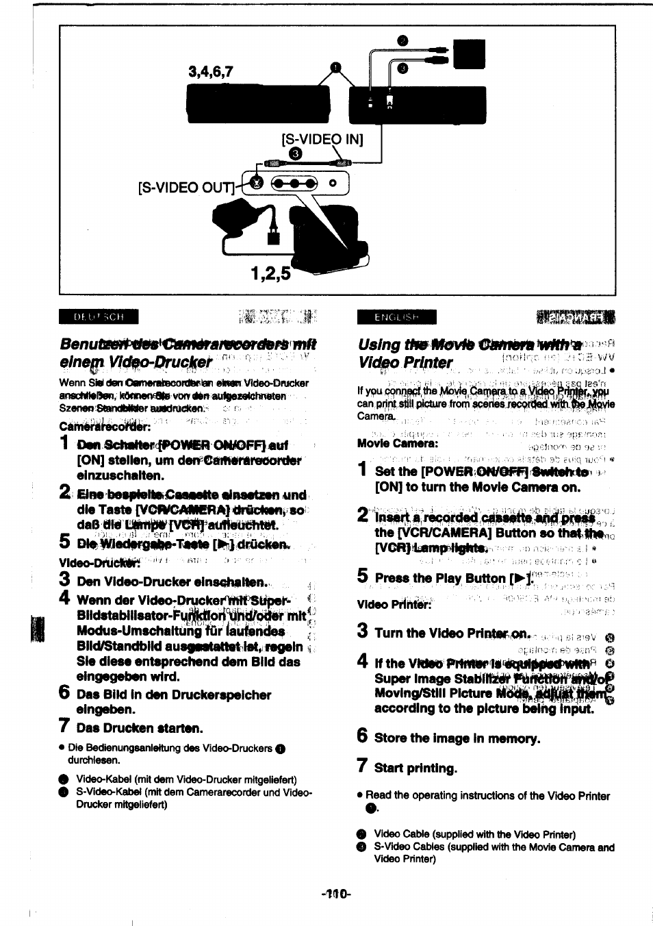 S-videoout, Vldeo-dhieüri, 3 den video-drucker einsohallien | On] to turn the movie camera on, The [vcr/camera] button so that, 5 press the play button [►fv, Moving^lll picture, According to the picture being input, 6 store the image in memory, 7 start printing | Panasonic NVDS1EG User Manual | Page 110 / 180