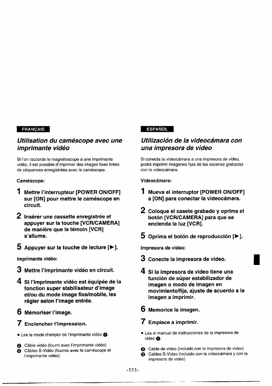 Utilisation du caméscope avec une imprimante vidéo | Panasonic NVDS1EG User Manual | Page 111 / 180