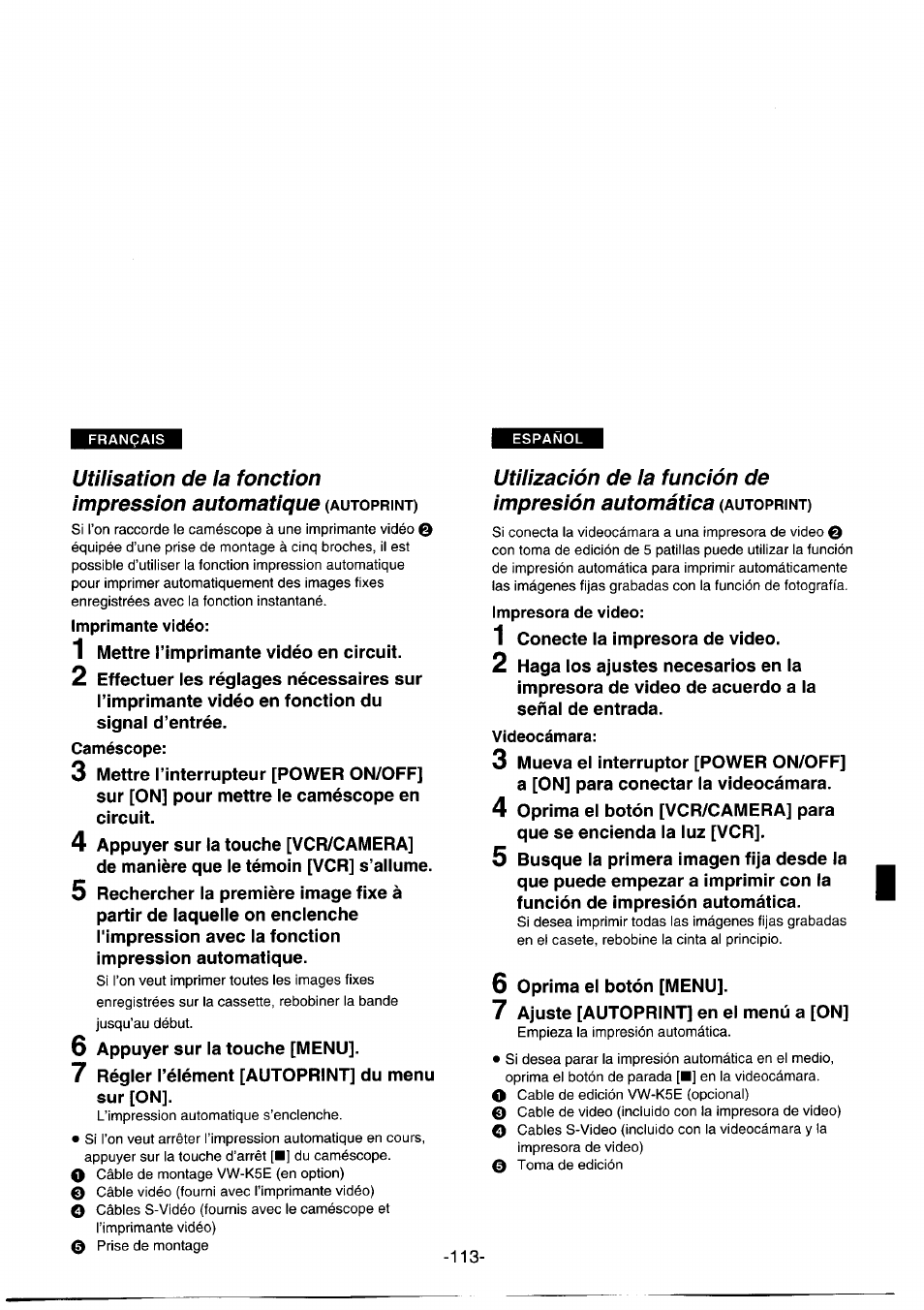 Videocámara, Utilisation de ia fonction impression automatique, Utilización de la función de impresión automática | Panasonic NVDS1EG User Manual | Page 113 / 180