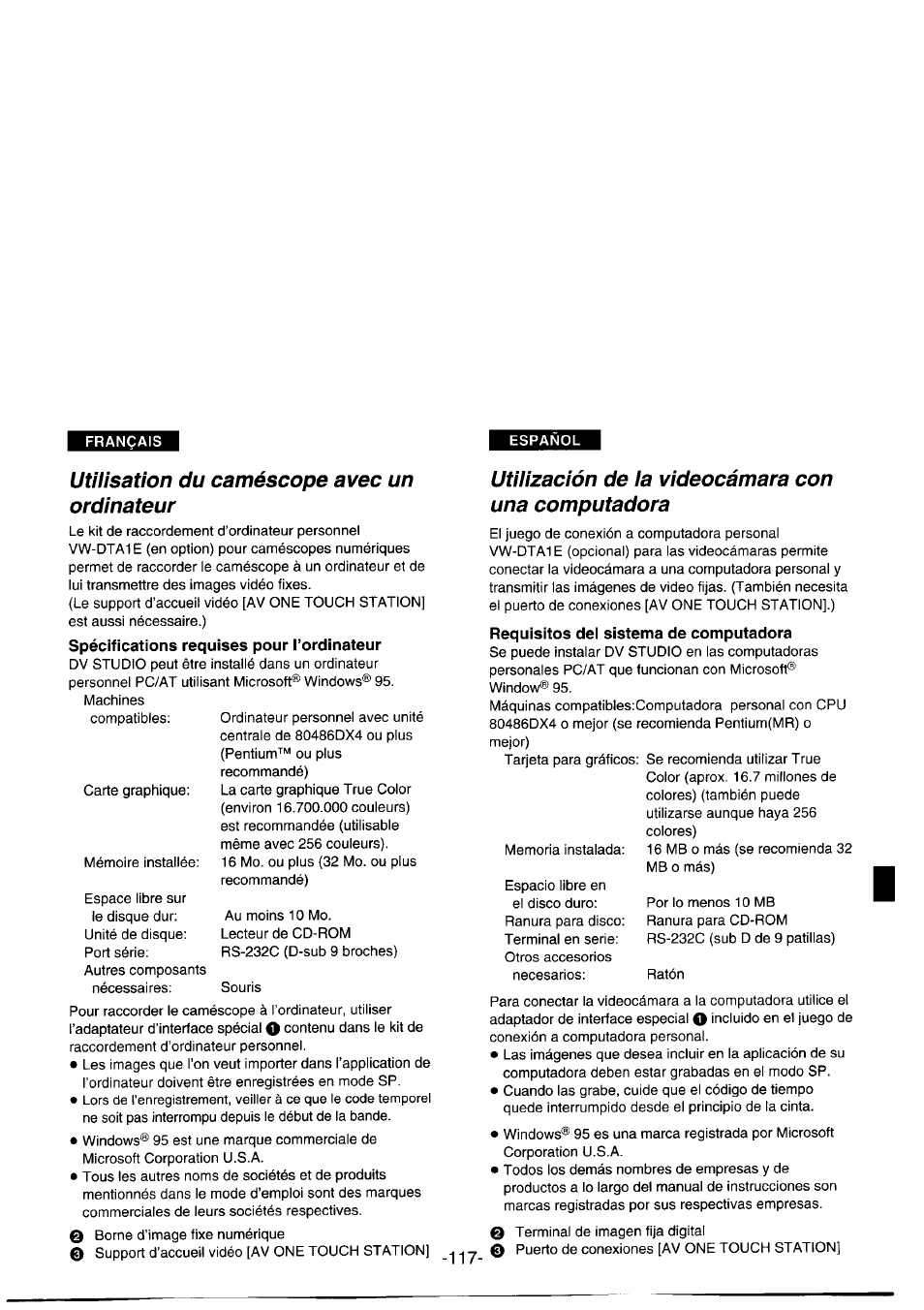 Utiusation du caméscope avec un ordinateur, Utilización de la videocámara con una computadora, Utilisation du caméscope avec un ordinateur | Panasonic NVDS1EG User Manual | Page 117 / 180