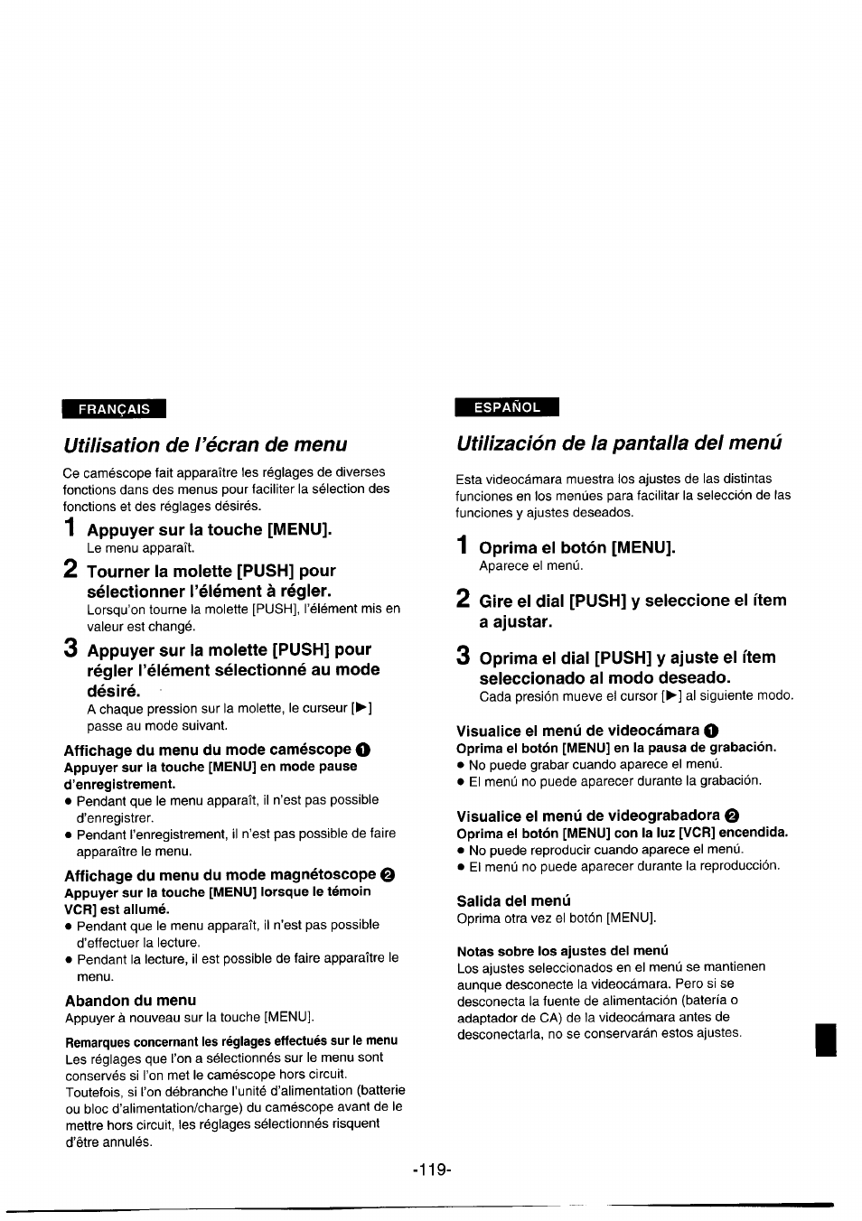 Utilisation de l’écran de menu, Abandon du menu, Utilización de ia pantalla del menú | Salida del menú, Utilización de la pantalla del menú | Panasonic NVDS1EG User Manual | Page 119 / 180