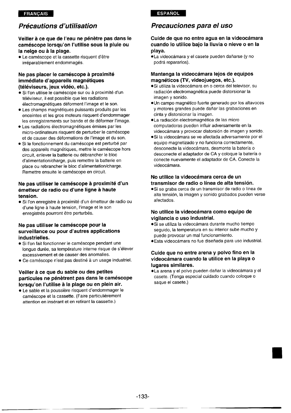 Précautions d’utilisation, Precauciones para el uso | Panasonic NVDS1EG User Manual | Page 133 / 180