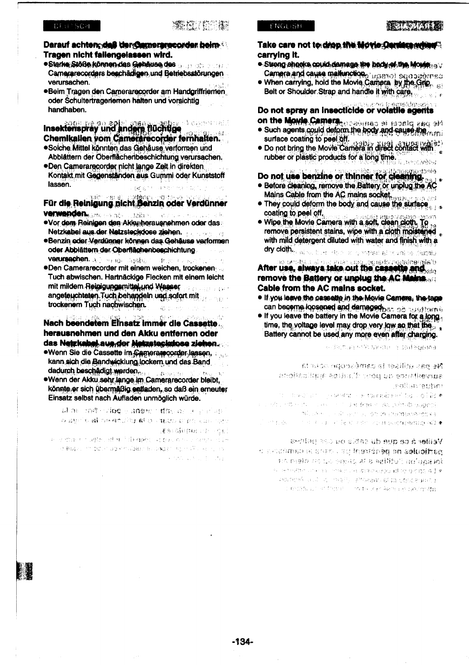 Tragen nicht fallengelaesen wird, Chentil!»uen ypni, (^n^r^ temhairei, Für difi^ebtigung ¿»d«' vprditinner | Take care not tp«(li|t|iikf|m»fid1^^ carrying it, Do not use behiinp or thlnniw fpif qleii^gi | Panasonic NVDS1EG User Manual | Page 134 / 180