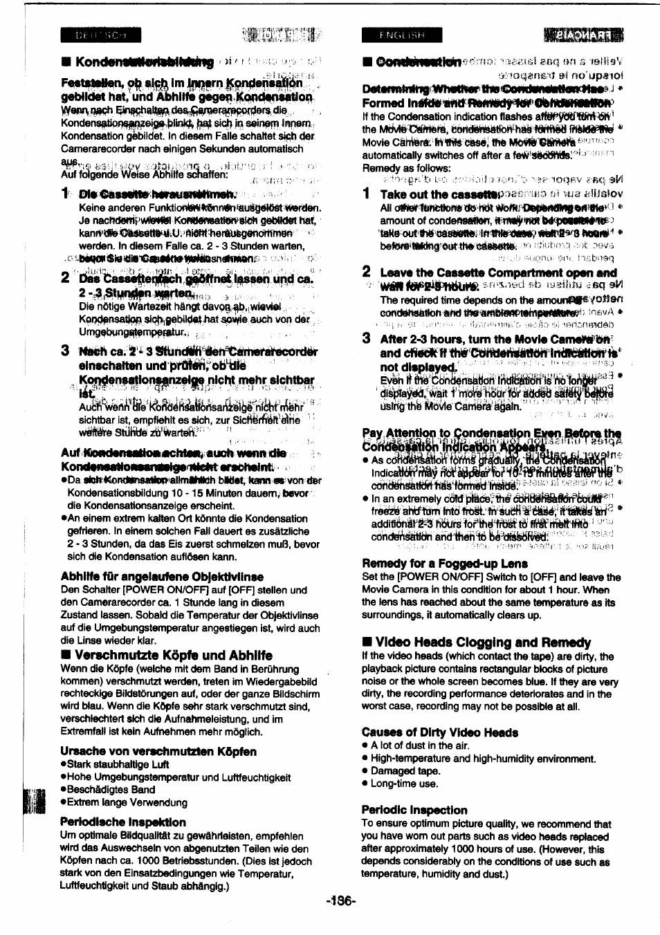 Verschmutzte köpfe und abhilfe, Video heads clogging and remedy, Verschmutzte videoköpfe und abhilfe | Panasonic NVDS1EG User Manual | Page 136 / 180