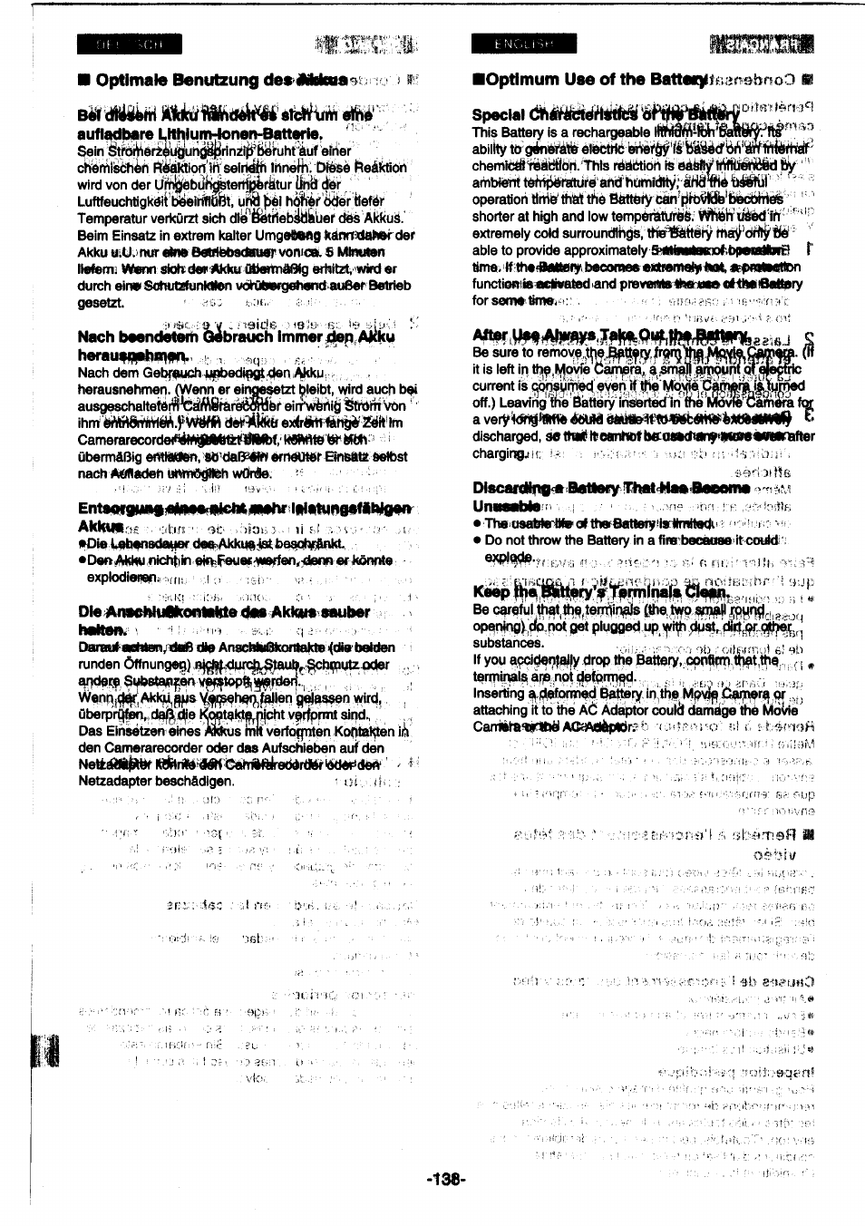 Mmsm, Optimum use of the battaiilifiaifisbnod b special, After use juiwavs take-ouli | Discaidif«« battery !1»m4!iaft bebema ^ urmaabtebi, Kœah, Bindfe^ tetnpsfbturo anci nunuai^, ano | Panasonic NVDS1EG User Manual | Page 138 / 180