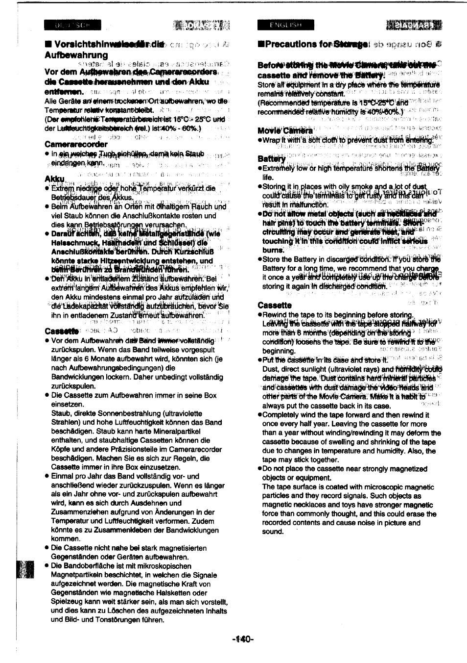 Vordem aulhdtfahfitoiiiteffi fnnpmurarfiibwdefei, Precautions fo, Battery | Cassette | Panasonic NVDS1EG User Manual | Page 140 / 180