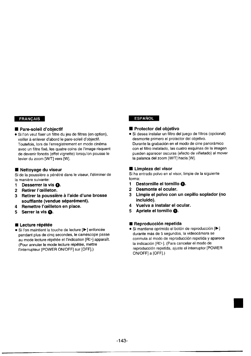 Pare-soleil d’objectif, Protector del objetivo, Nettoyage du viseur | 1 desserrer ia vis o, 2 retirer l’œületon, 4 remettre l’œilleton en place, 5 serrer la vis o, Limpieza del visor, 1 destornille el tornillo o, 2 desmonte el ocular | Panasonic NVDS1EG User Manual | Page 143 / 180