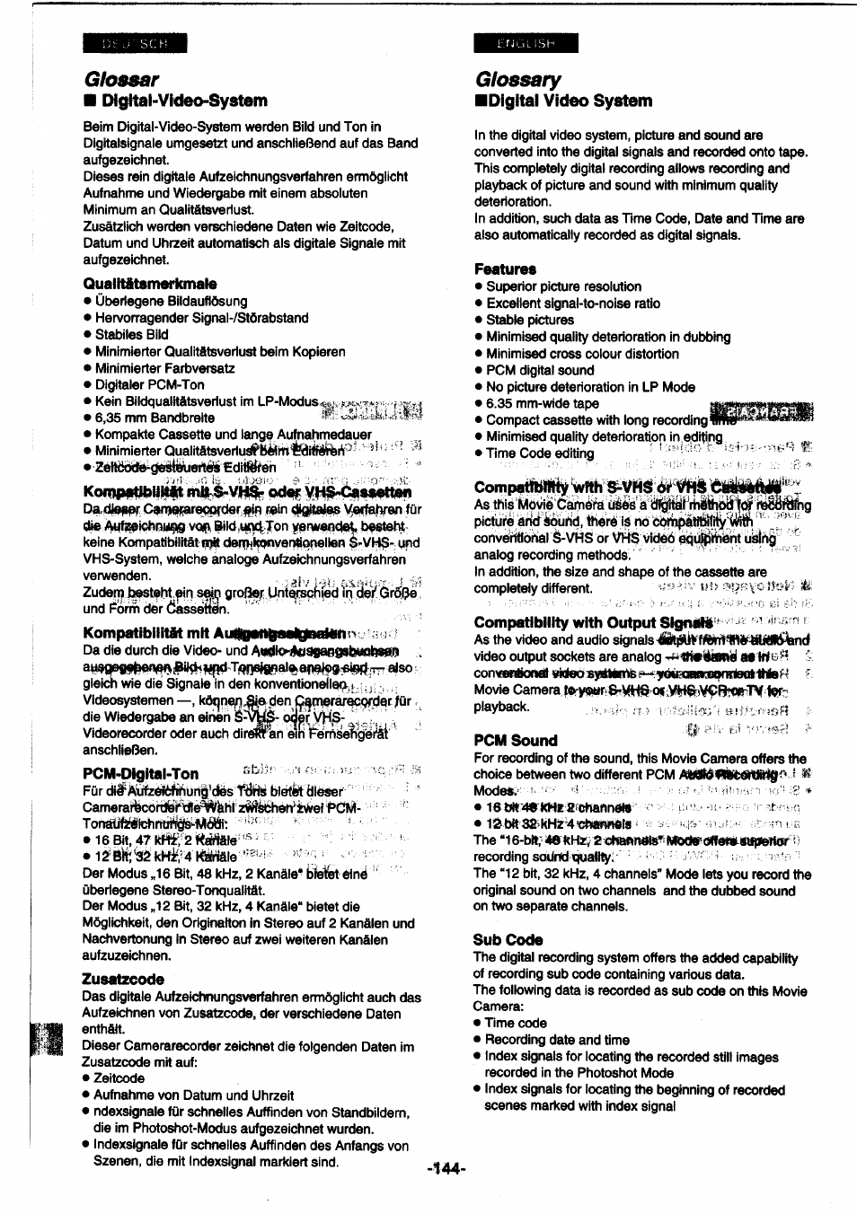 Glossar, Qualttstsmerkmate, Glossary | Panasonic NVDS1EG User Manual | Page 144 / 180