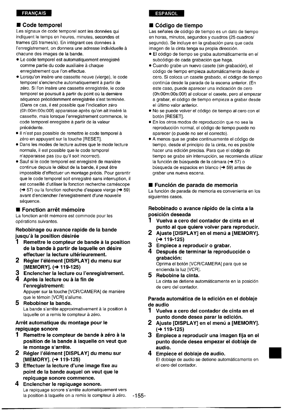 Code temporel, Fonction arrêt mémoire, Código de tiempo | Función de parada de memoria, Code temporel ■ fonction arrêt mémoire, Código de tiempo ■ función de parada de memoria | Panasonic NVDS1EG User Manual | Page 155 / 180