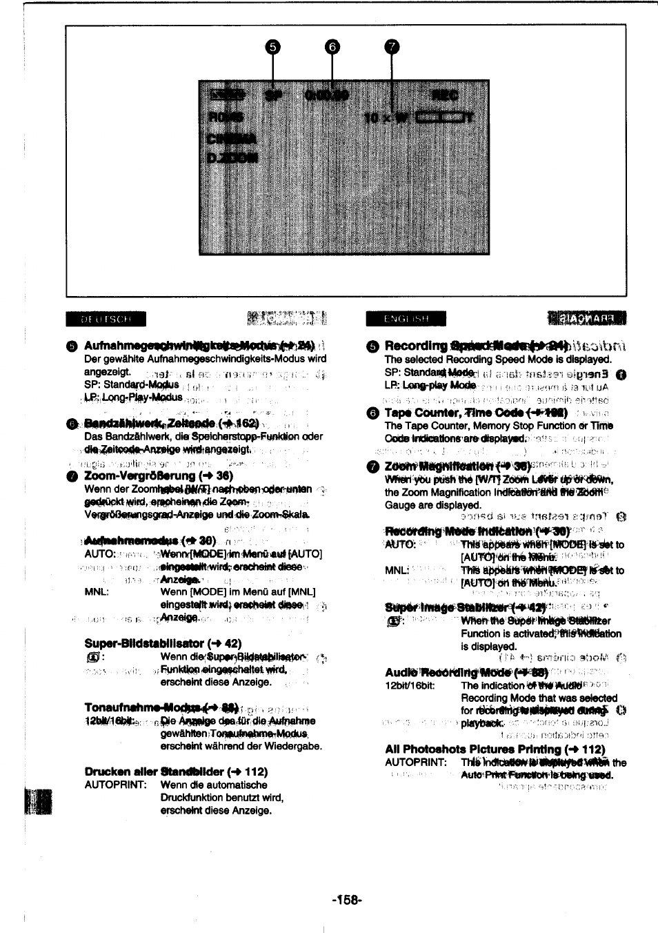 Forricbrsiigetimipm^dimi# cl, 0 aufnahmegefql»wte»0olroto!*lpit^^ l, Tonaufn^m*4mof(pim^ ni | Drucken aller standbilder (>e 112), Courrter, time €edef4n«ll), Iibisliiwi, Audibl46dohcnitt«iieue('eksi, All photoahots pictures printing (*e 112), 0 recording, 0 zdeiiip«iifgniffeatidn | Panasonic NVDS1EG User Manual | Page 158 / 180