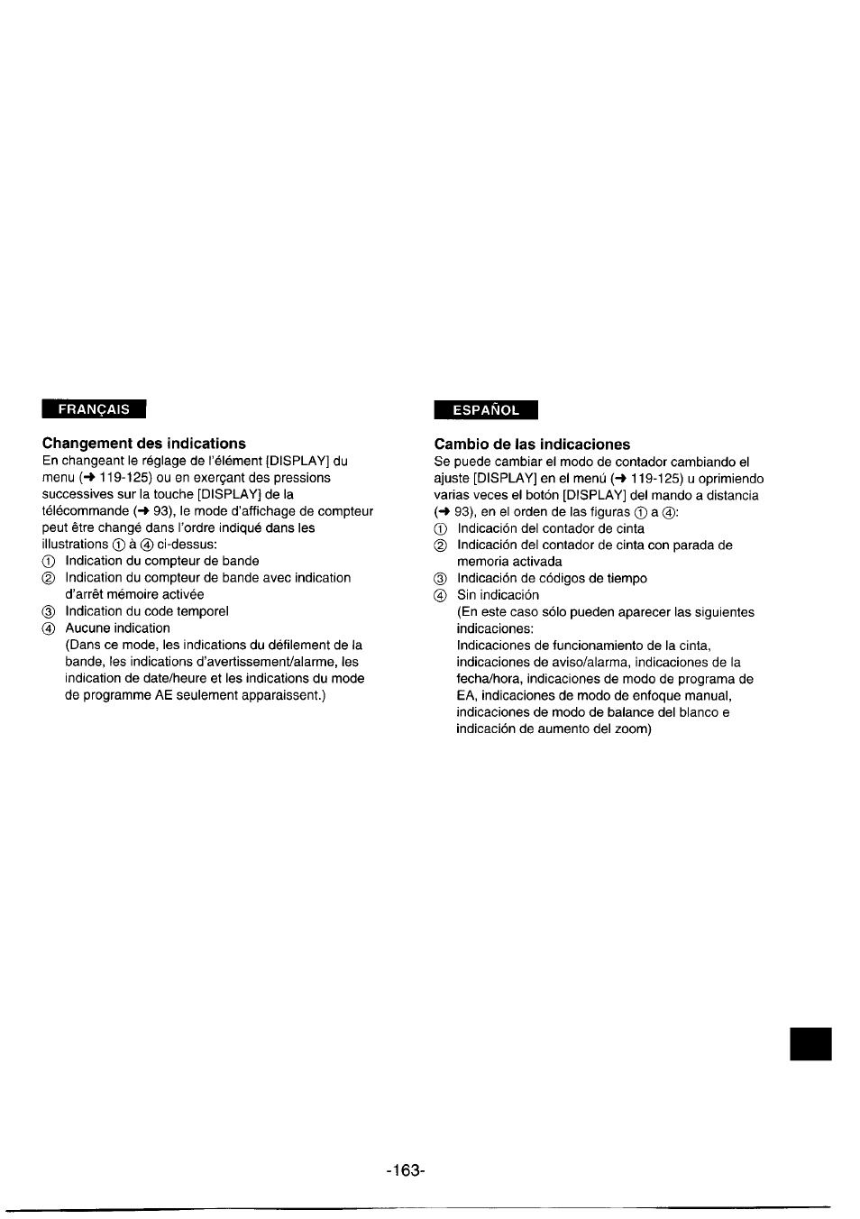 Changement des indications, Cambio de las indicaciones | Panasonic NVDS1EG User Manual | Page 163 / 180