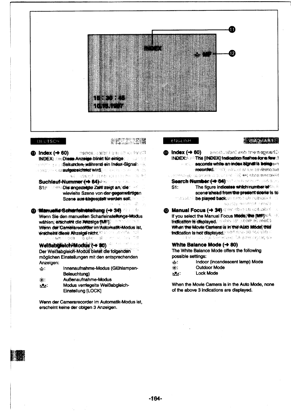 Index (*4 60) :’'snos., oiibm i'r, 0 index (^60) 8r!c.t.b:..:iib«; ««h, Searcb'^n«niibef<«e''e4):'’fi | Manual focus {•* if) • u .c >i, White balance mode (-> 80) | Panasonic NVDS1EG User Manual | Page 164 / 180