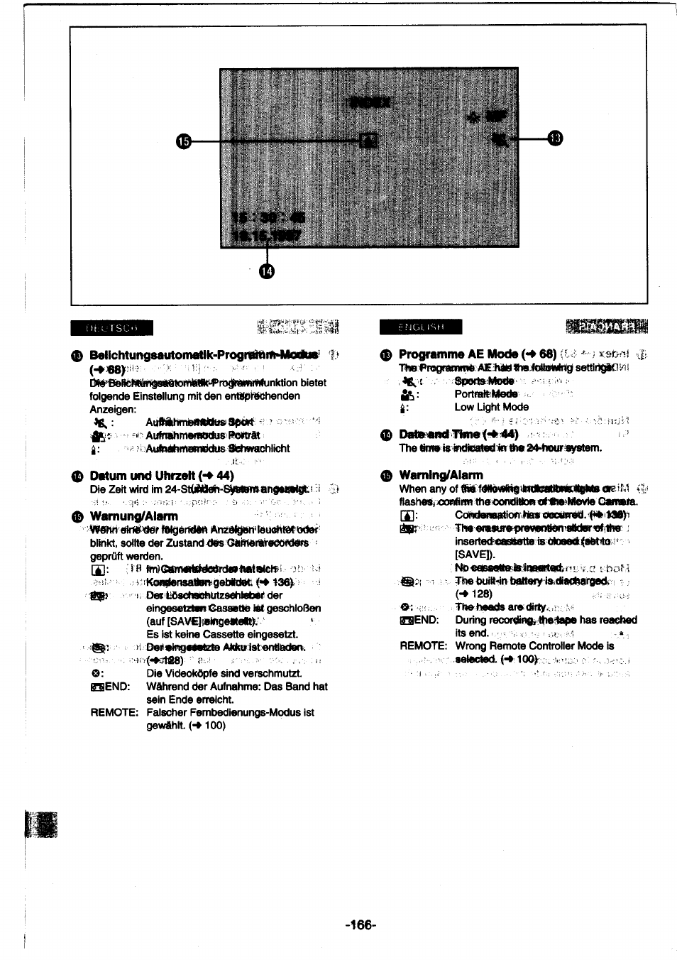 Ih mg)srrm)wdeerde»haiale№i, Programme ae mode (-♦ 68) >:sbr=i ,i, Dalmmi thne 44) | Waming/alarm | Panasonic NVDS1EG User Manual | Page 166 / 180