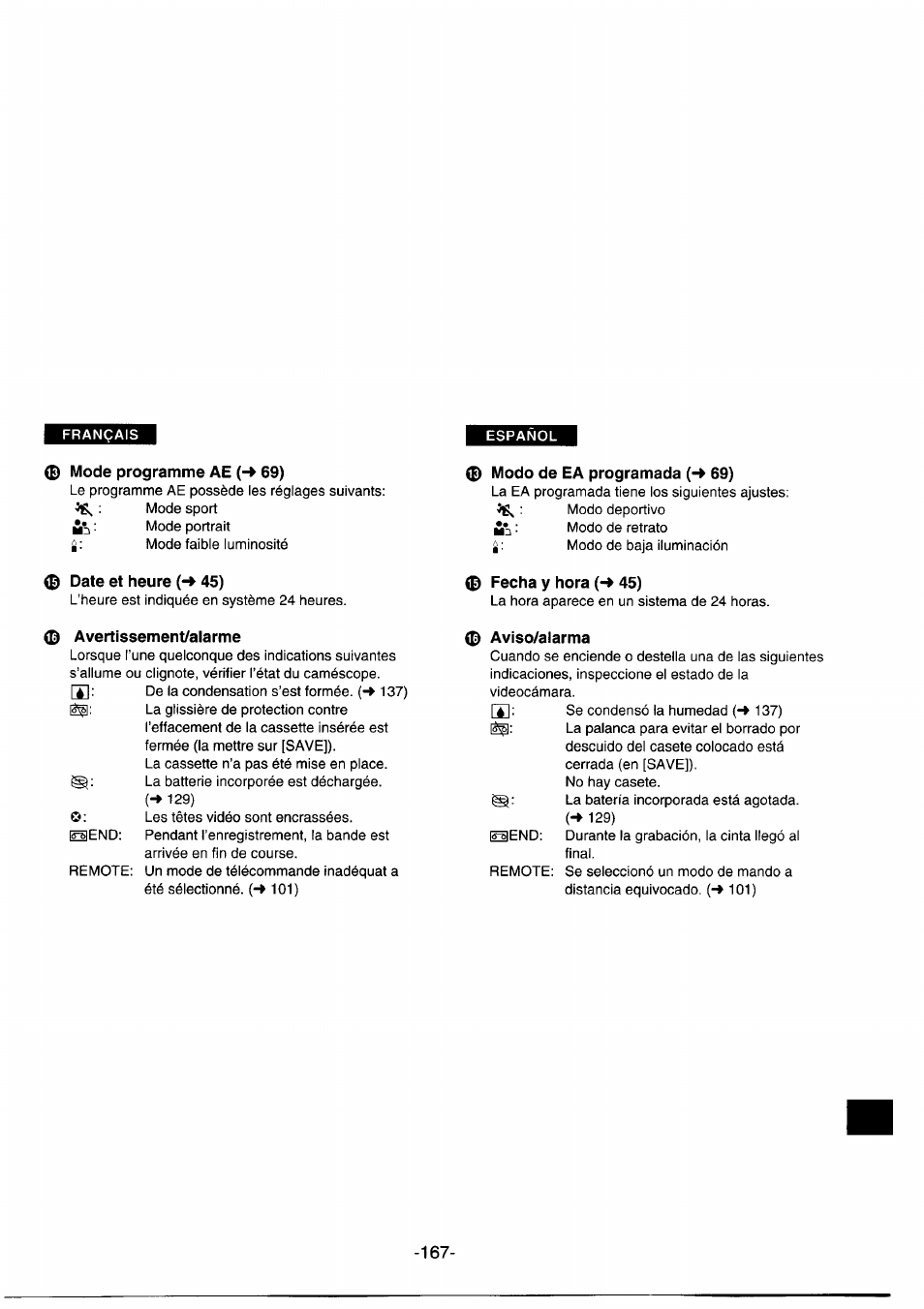 0 date et heure (-* 45), 0 avertissement/alarme, 0 fecha y hora (-♦ 45) | 0 aviso/alarma | Panasonic NVDS1EG User Manual | Page 167 / 180