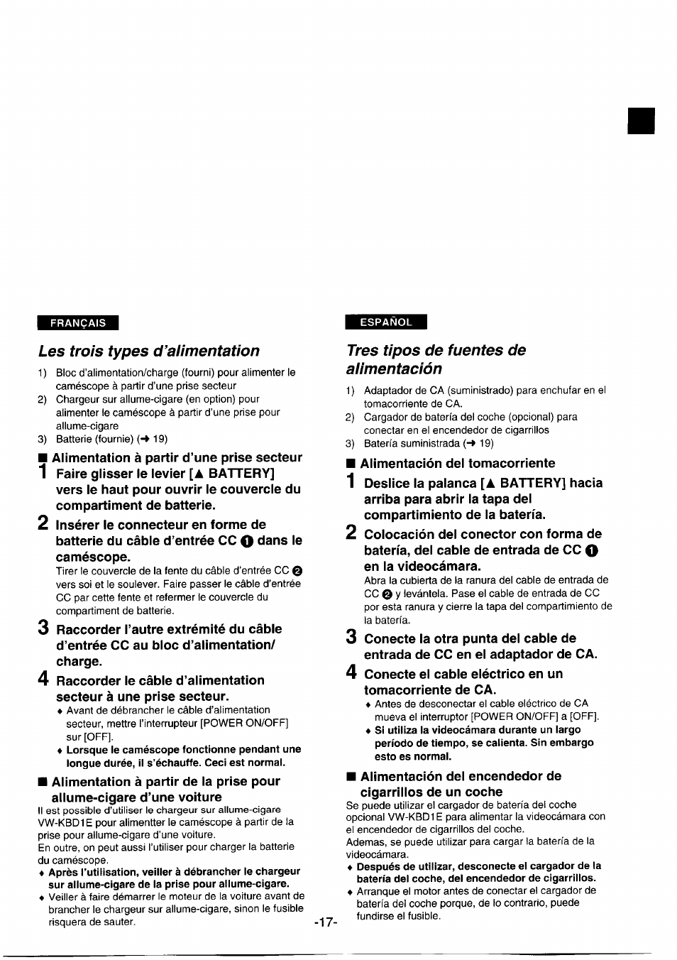 Les trois types d’alimentation, Tres tipos de fuentes de alimentación, Les trois types d’aiimentation | Panasonic NVDS1EG User Manual | Page 17 / 180