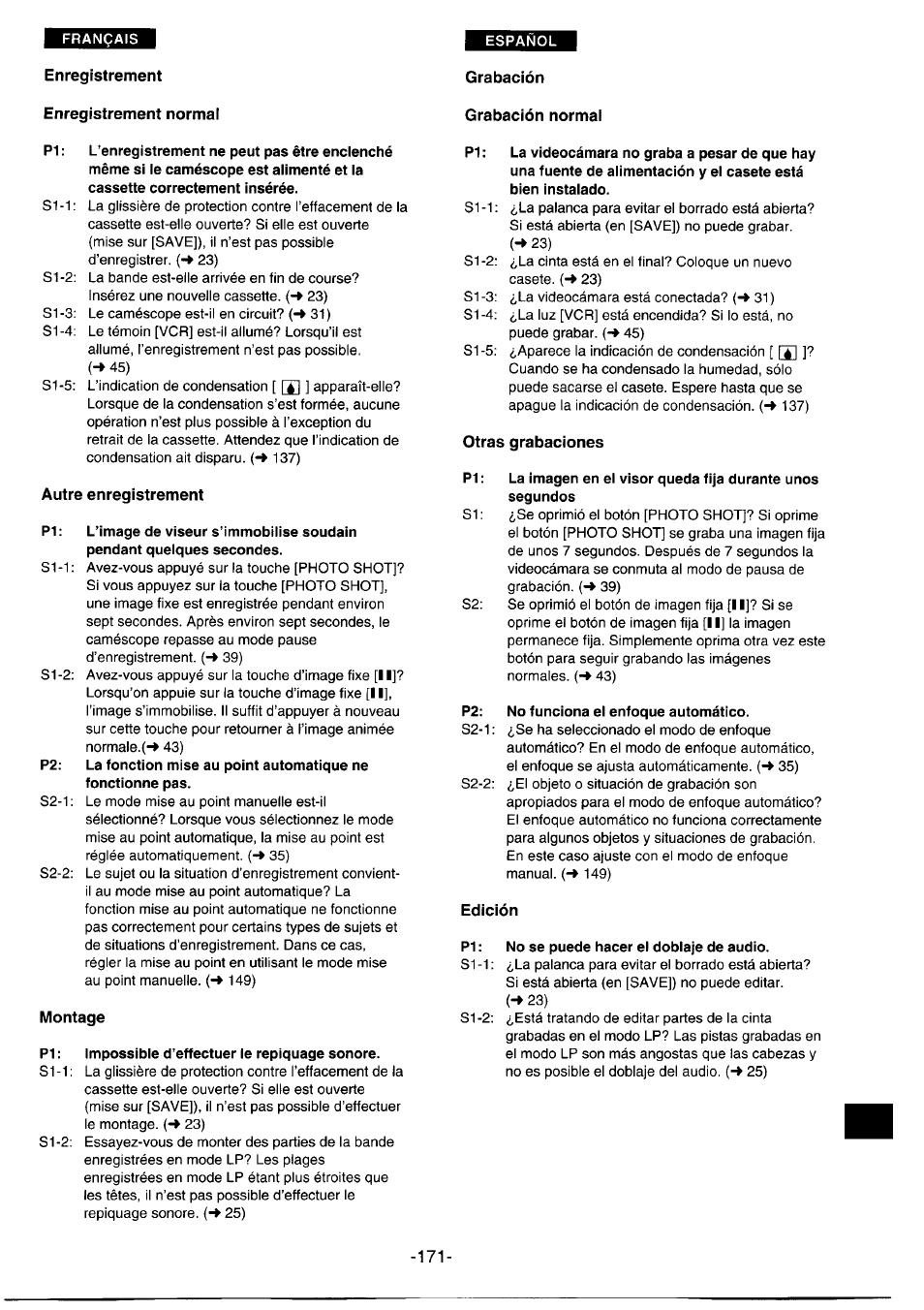 Enregistrement, Grabación, Enregistrement normai | Grabación normai, Autre enregistrement, Montage, Otras grabaciones, Edición | Panasonic NVDS1EG User Manual | Page 171 / 180