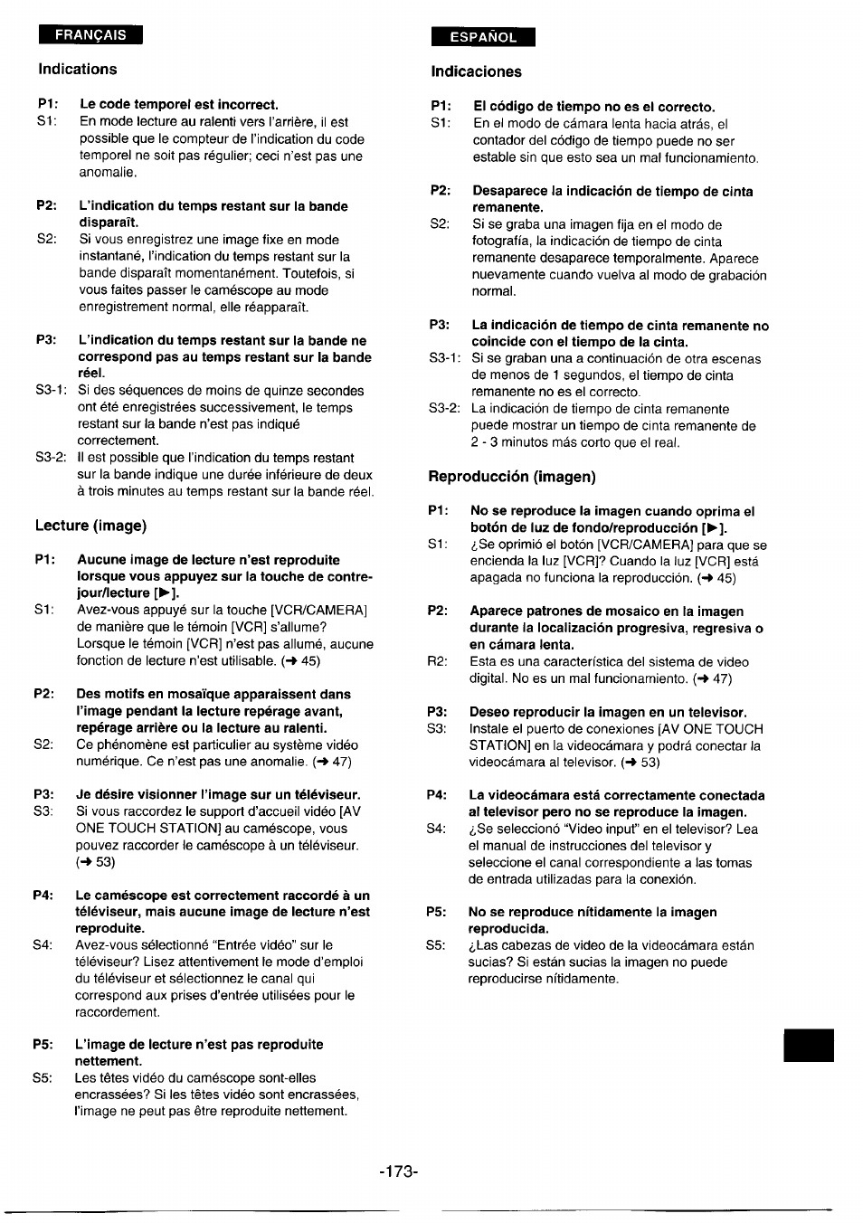 Indications, Indicaciones, Lecture (image) | Reproducción (imagen) | Panasonic NVDS1EG User Manual | Page 173 / 180