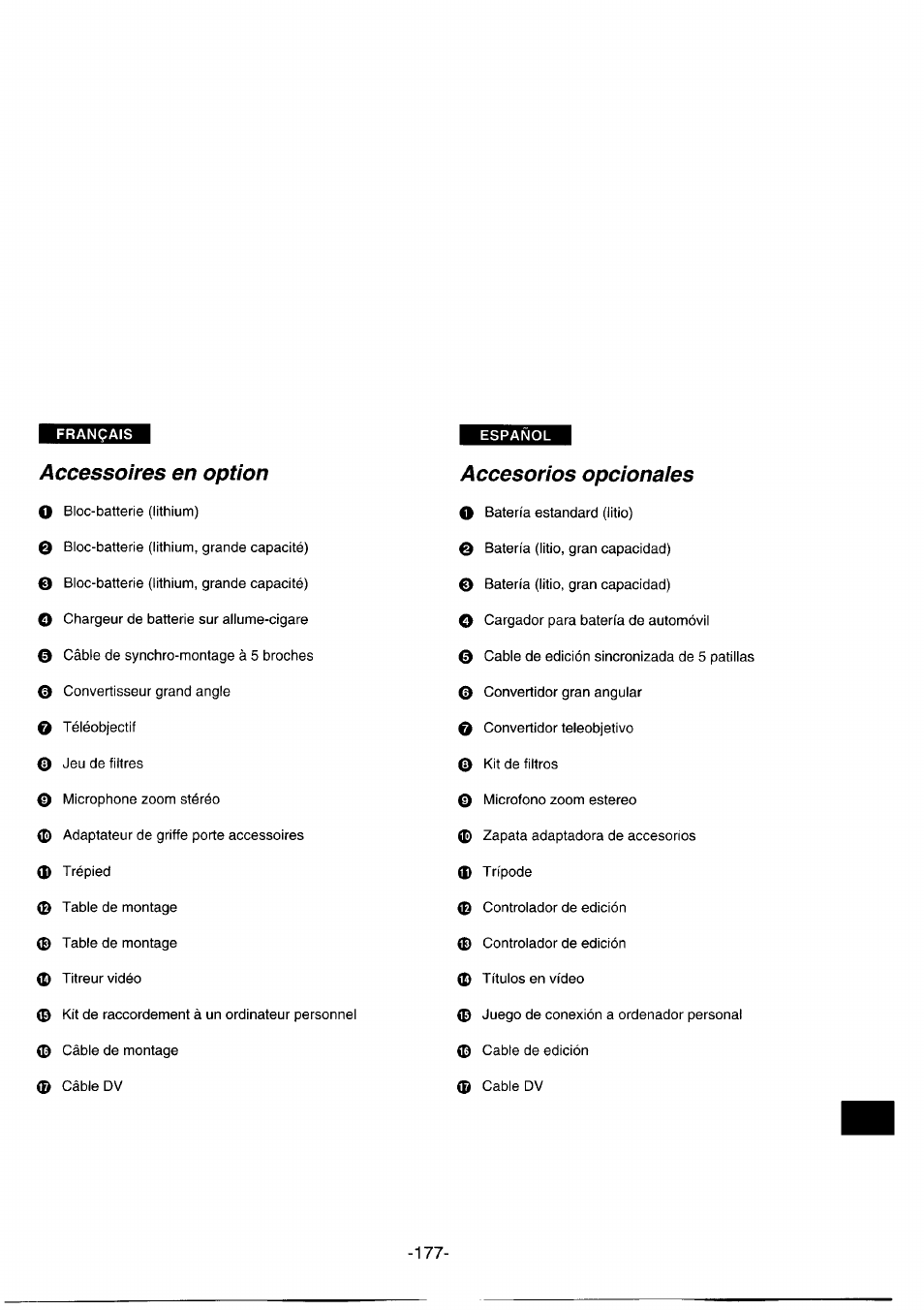 Accessoires en option, Accesorios opcionaies, Accesorios opcionales | Panasonic NVDS1EG User Manual | Page 177 / 180