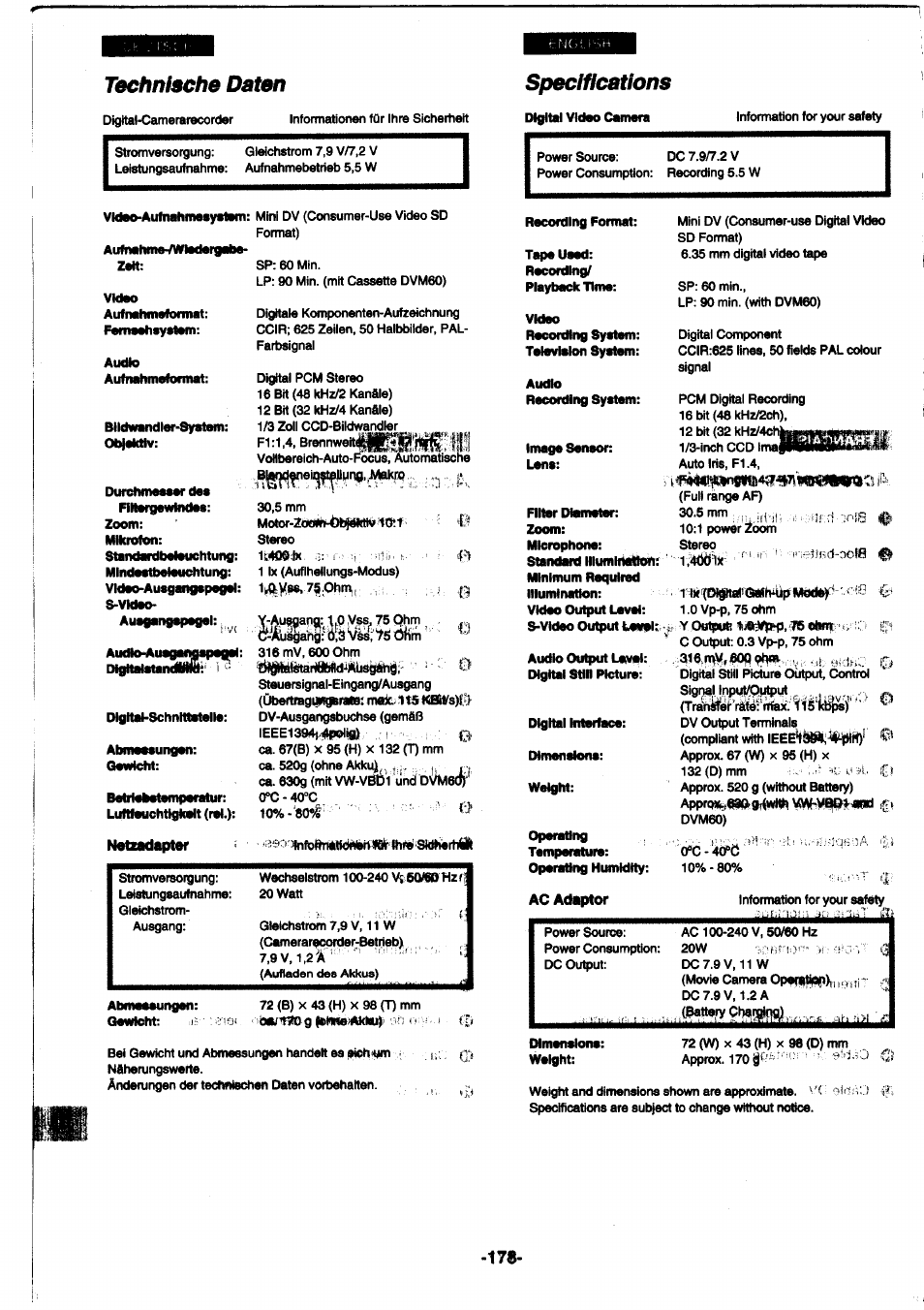 Tfi»wiii»ng№4gr»7i'ieeiwati i, Technische daten, Specifications | X 98 | Panasonic NVDS1EG User Manual | Page 178 / 180