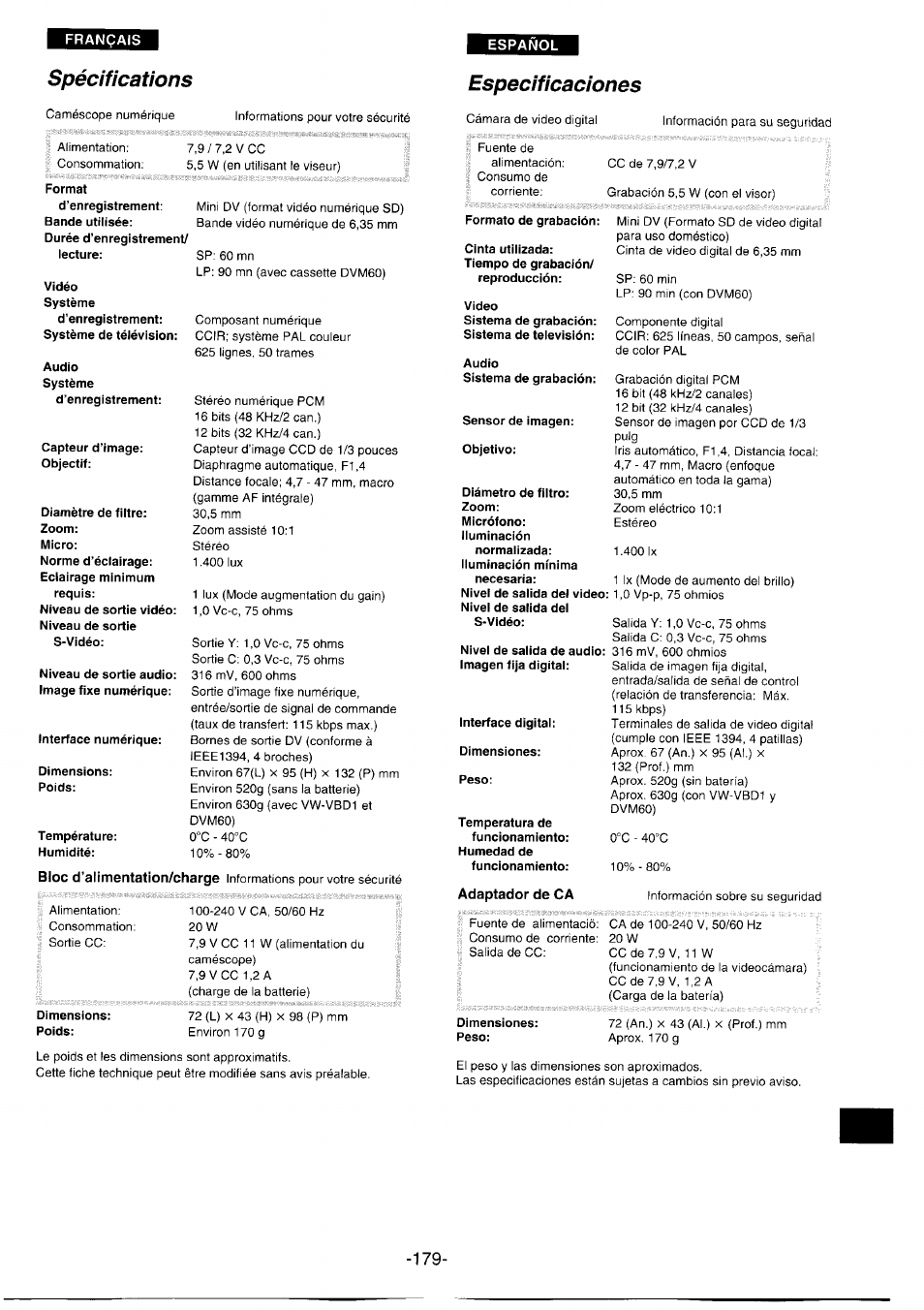 Spécifications, Especificaciones, Specifications | Spécifications especificaciones | Panasonic NVDS1EG User Manual | Page 179 / 180