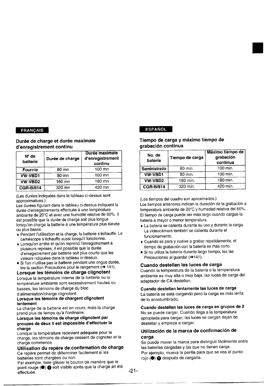 Utilisation du repère de confirmation de charge, Cuando destellan las luces de carga, Utilización de la marca de confirmación de carga | Panasonic NVDS1EG User Manual | Page 21 / 180