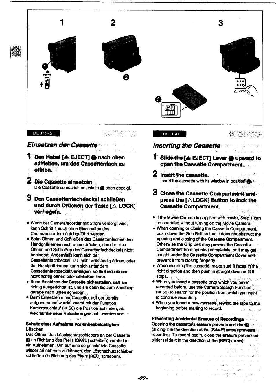 Einsetzmd№f€mf 89 tte, Inserting the cassette | Panasonic NVDS1EG User Manual | Page 22 / 180