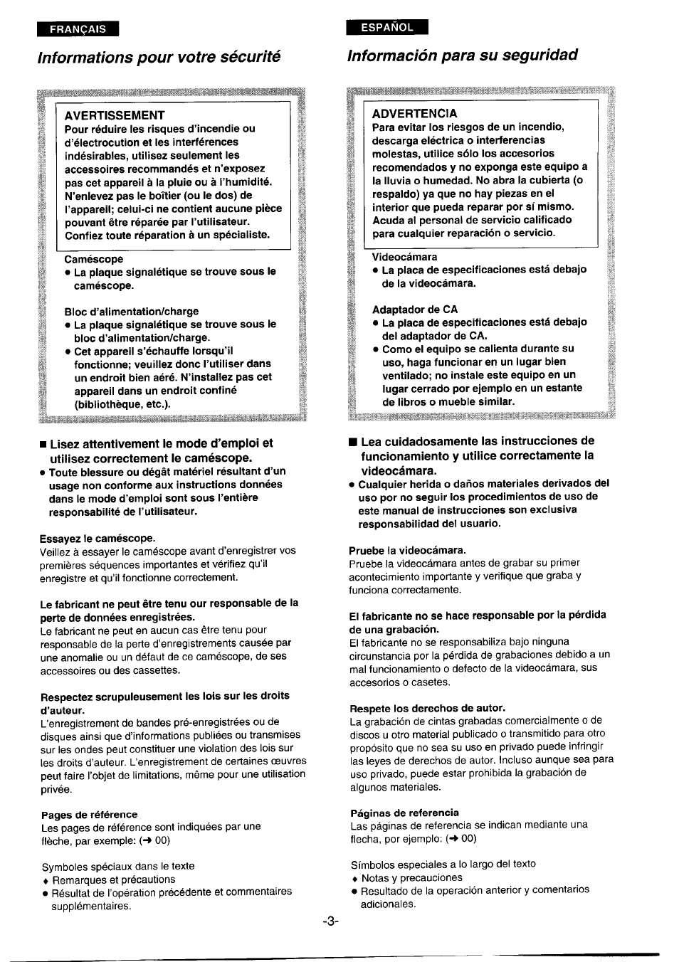 Informations pour votre sécurité, Información para su seguridad | Panasonic NVDS1EG User Manual | Page 3 / 180