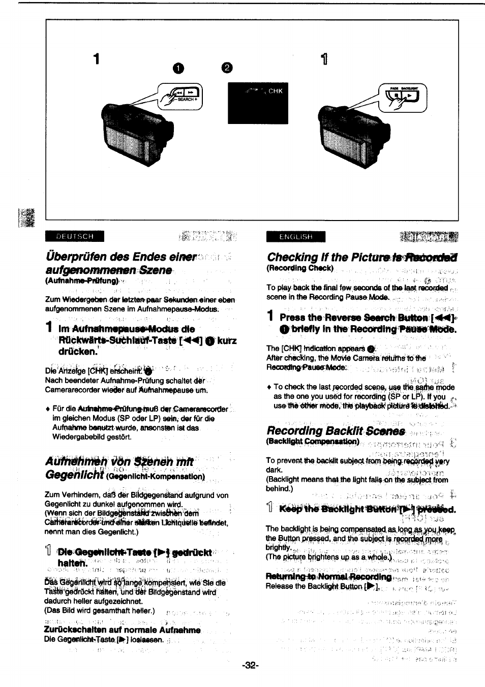 Oie >^eiäet(imleiycheif#iiii, 1 im aiifnahm«|mu9«imckllis che, Uberprüfen des endes einer ^ aufgenonmmmn szene | Checking if the pictamlmfia^mibm, Recording backfitscems, 1] -kéëliihsbiiiékligm, Retiirnli'^^ itormslli, Dia^qeg«lille№ta«t»t^§gedritekt halten | Panasonic NVDS1EG User Manual | Page 32 / 180