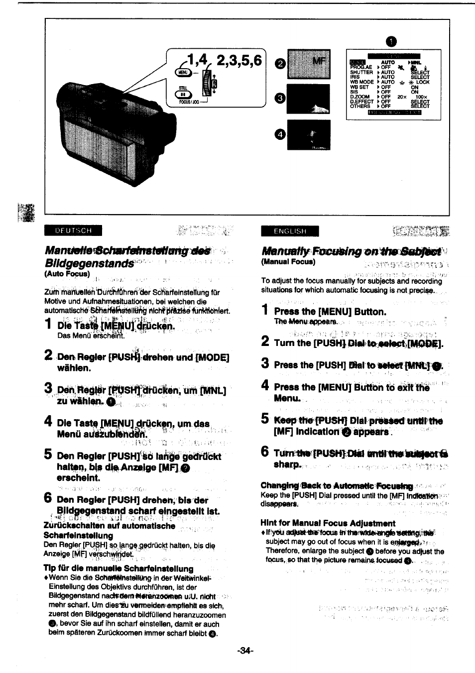 1 press the [menu] button, 2 turn the [pushidm to;ee|eot>[mo, 3 press the [push] l»al to sme«t{mnt | 4 press the [menu] button tb ekirthe menu, 6 tut№^f[push]i>itd №iiirindlfti|eer# sharp-f't | Panasonic NVDS1EG User Manual | Page 34 / 180