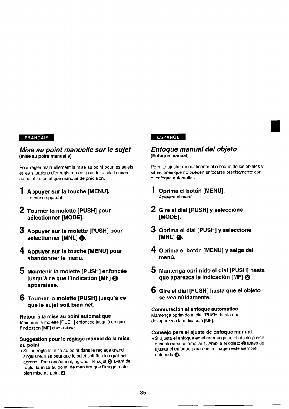 Mise au point manueiie sur ie sujet, Enfoque manuai dei objeto | Panasonic NVDS1EG User Manual | Page 35 / 180