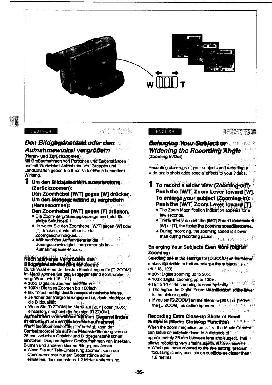 Den bildglggänsmaltod^dga aufnahmewinkel vergröbem, Widening the recofdmg a^hgle | Panasonic NVDS1EG User Manual | Page 36 / 180