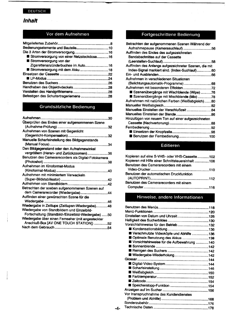 Inhalt | Panasonic NVDS1EG User Manual | Page 4 / 180