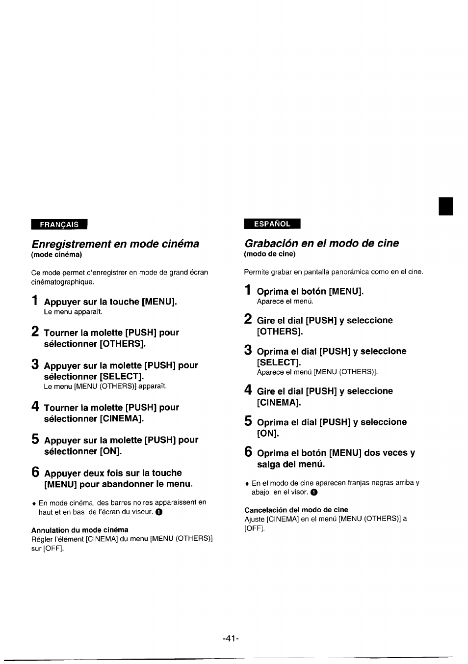 Enregistrement en mode cinéma, Grabación en el modo de cine | Panasonic NVDS1EG User Manual | Page 41 / 180