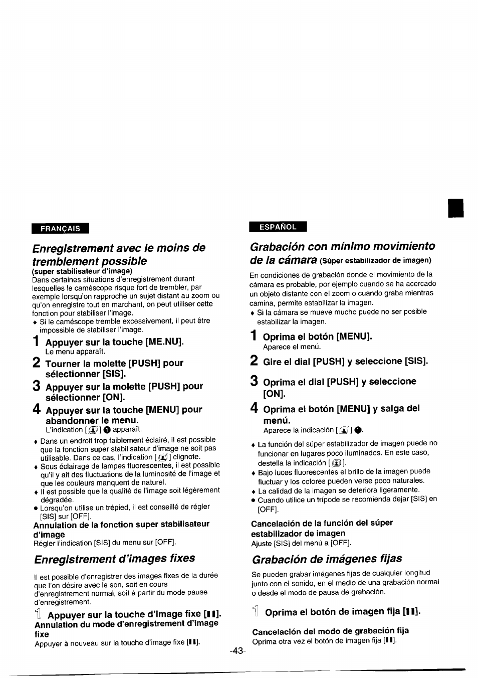 Enregistrement d’images fixes, Grabación con mínimo movimiento, Grabación de imágenes fijas | Enregmrement d’images fixes, Grabación con mínimo movimiento de la cámara | Panasonic NVDS1EG User Manual | Page 43 / 180