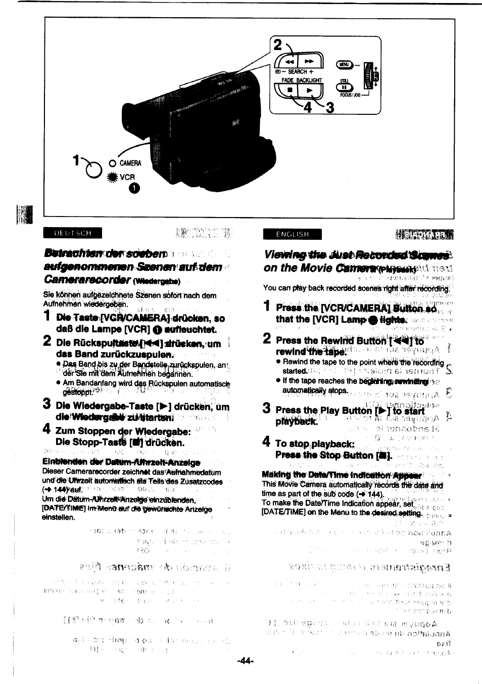 4 zum stoppen wiedergabe, Die stopp-tasw [¡ijwrüdkbn, Eihbiemien diir d«mim | On the movie, Die stopp-tasw [¡ijwrüdkbn. eihbiemien diir d«mim, That the [vcr] lan^»0ttghtoi, 2 press №e rewii^ buttoh't->d^ft6, 3 press tlie piay button to silart, 4 tostoppiayback; presethe stopfiutton [ti | Panasonic NVDS1EG User Manual | Page 44 / 180