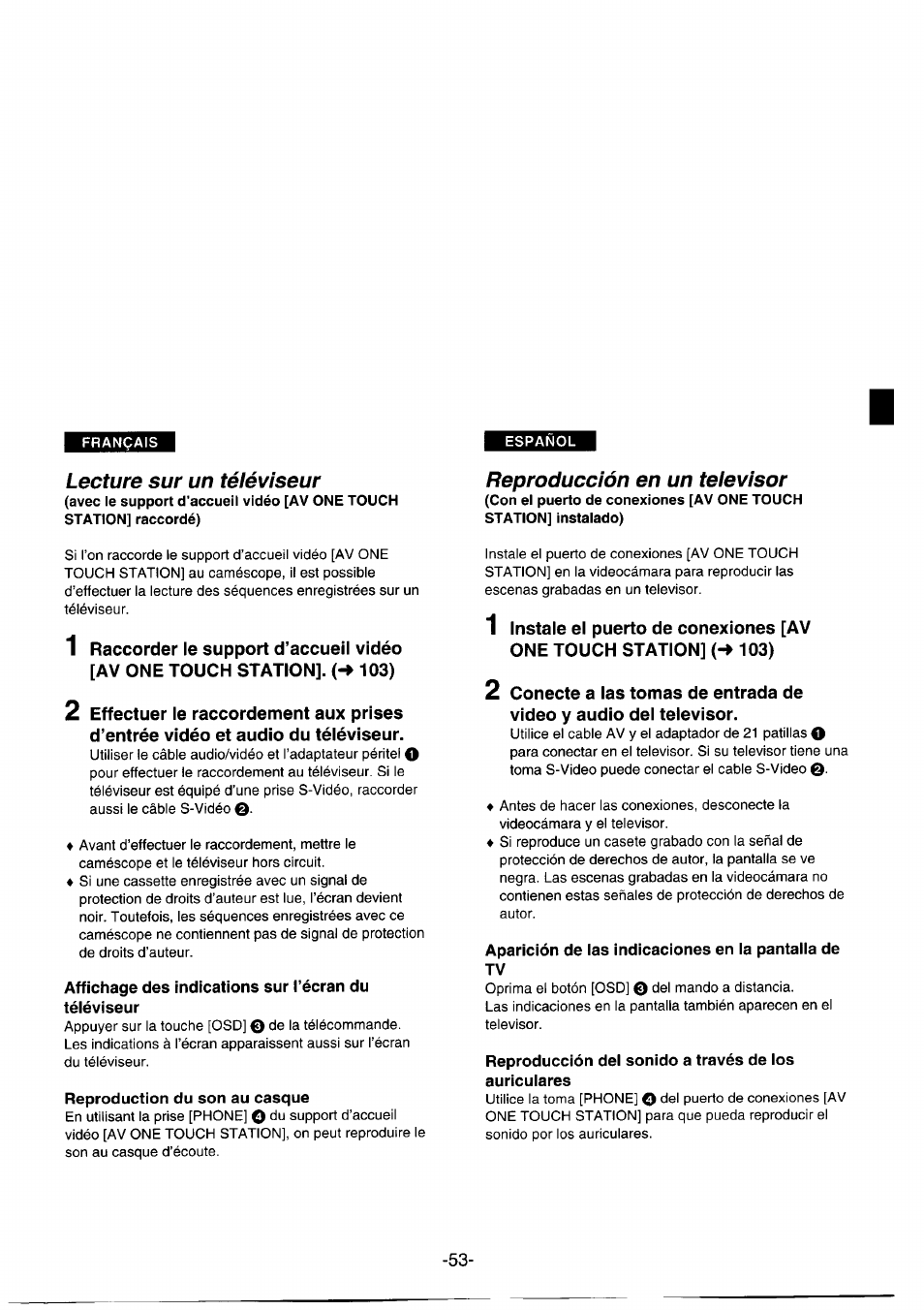 Lecture sur un téléviseur, Reproducción en un televisor, Aparición de ias indicaciones en ia pantaiia de tv | Panasonic NVDS1EG User Manual | Page 53 / 180