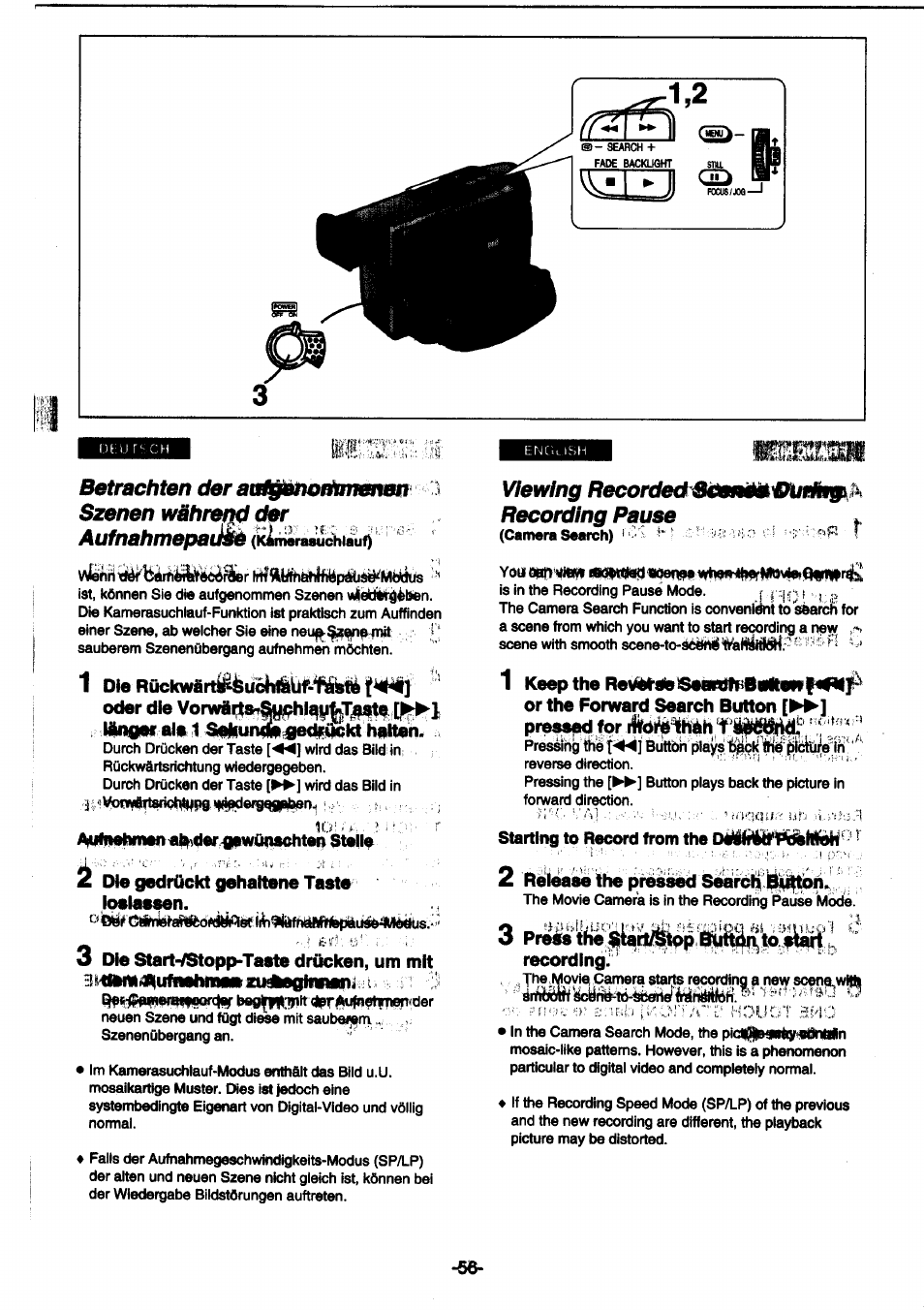 Mmm. betrachten der aa/jsiikwdttnmm, Szenen währet]^ der aufnahmepadm, Viewing recorded sdemmmnihimfi* recording pause | Panasonic NVDS1EG User Manual | Page 56 / 180