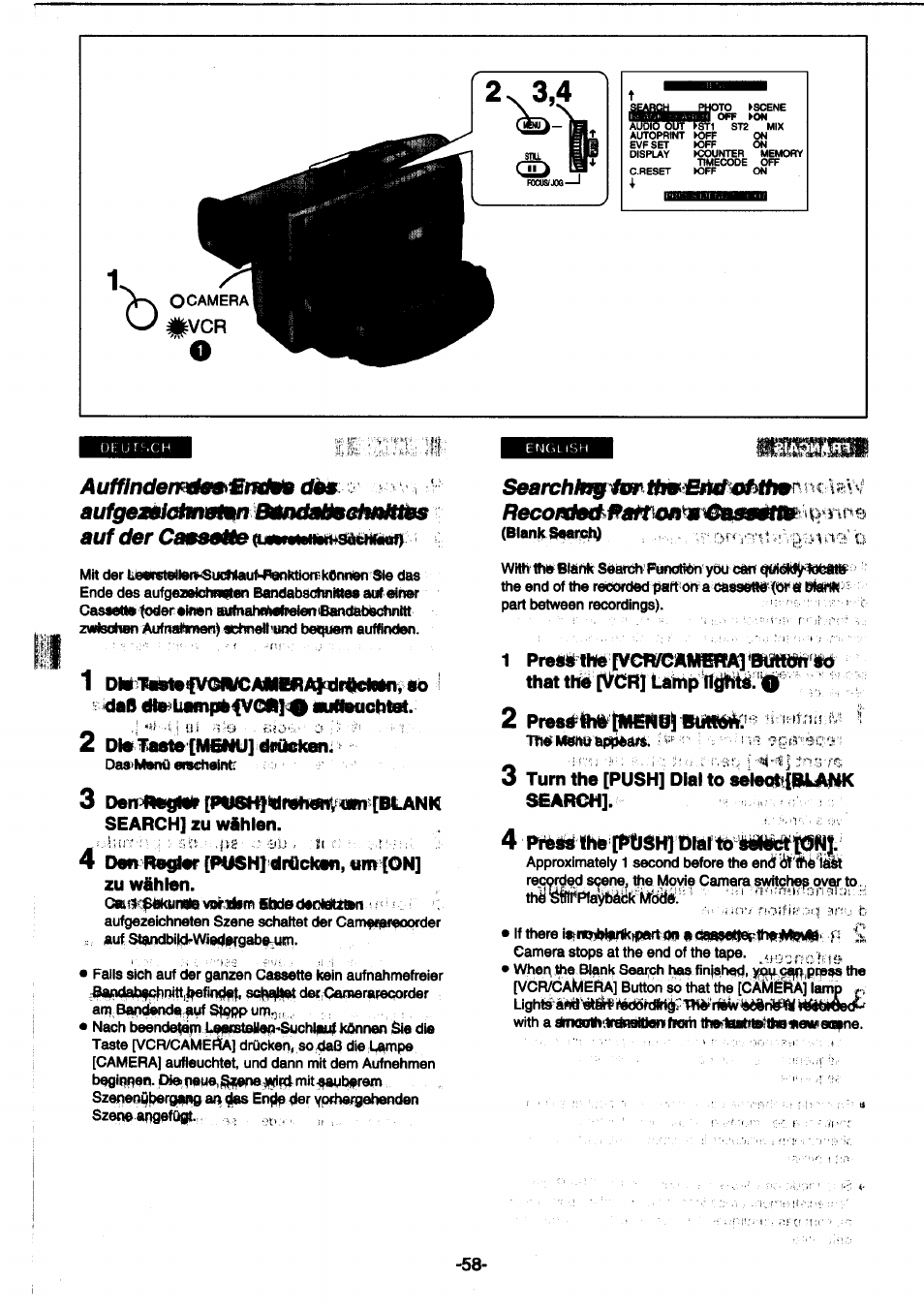 2 рге8#№»1мсм8^вшш, Ittakimiw aptieara, 3 turn the [push] dial to selecit{blank search | 4 pibii the [ptbsh] dial tb iilic^t, Autfinderrdemmmhib, Auf der cems&№e, Search | Panasonic NVDS1EG User Manual | Page 58 / 180