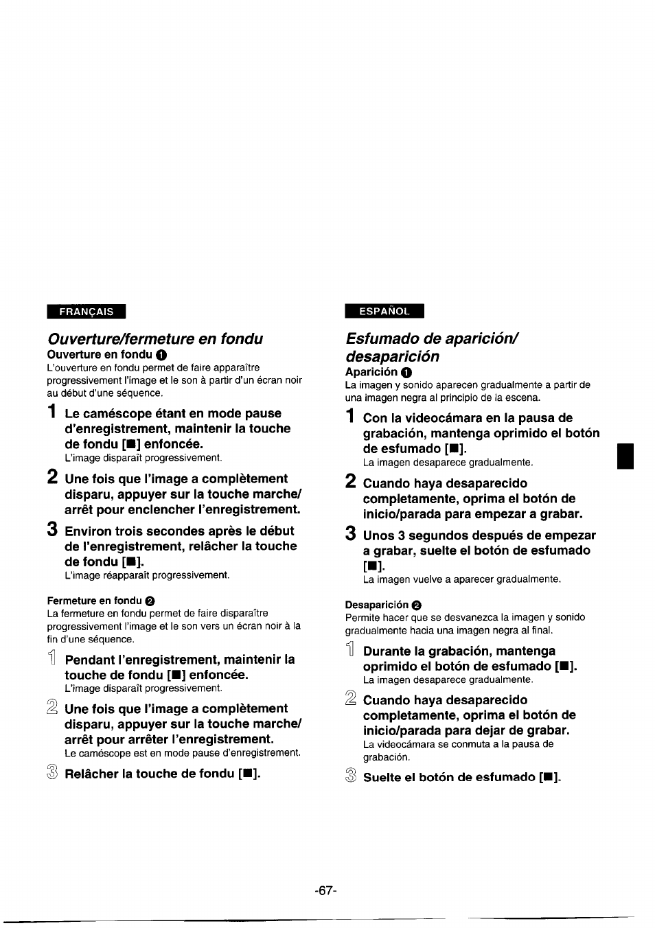 Ouverture/fermeture en fondu, Esfumado de aparición/ desaparición | Panasonic NVDS1EG User Manual | Page 67 / 180