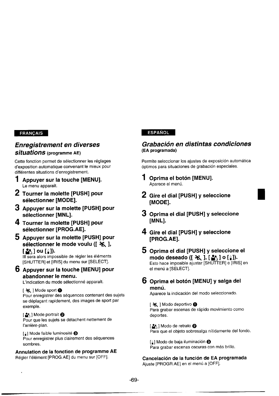 Enregistrement en diverses, Grabación en distintas condiciones, Cancelación de la función de ea programada | Panasonic NVDS1EG User Manual | Page 69 / 180