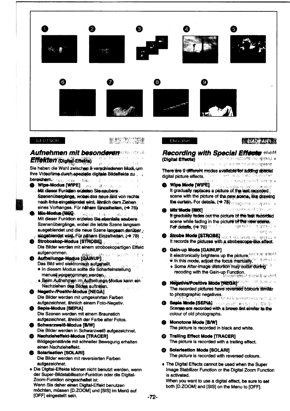 9 nfiiattystliwslihm l, Aufnehmen mit beeondehsn, Recording with spedai effme | Panasonic NVDS1EG User Manual | Page 72 / 180