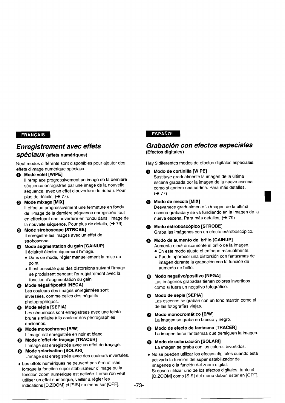 Enregistrement avec effets, Grabación con efectos especiaies | Panasonic NVDS1EG User Manual | Page 73 / 180