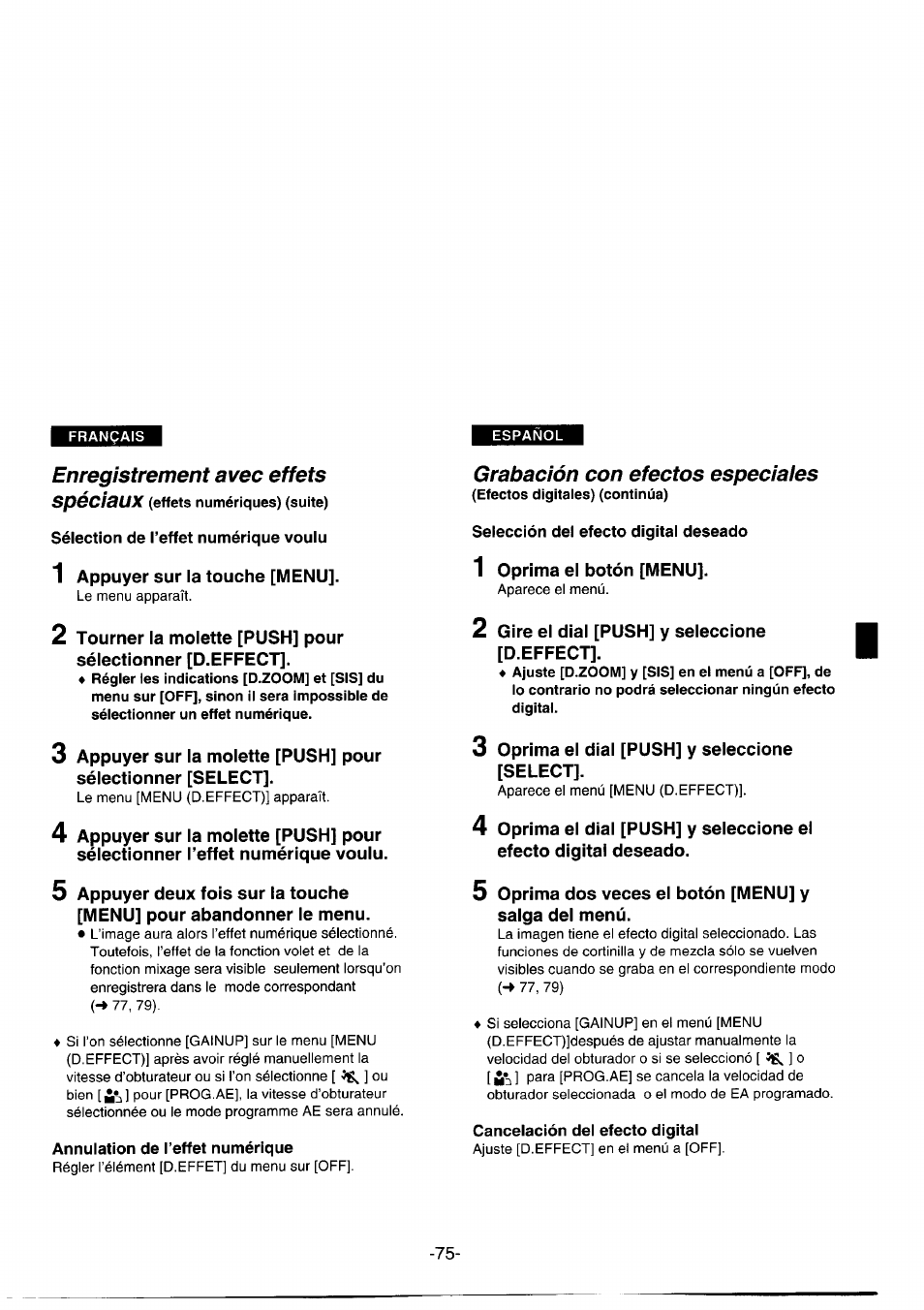 Sélection de l’effet numérique voulu, Annulation de l’effet numérique, Selección del efecto digital deseado | Cancelación del efecto digital, Enregistrement avec effets, Grabación con efectos especiaies | Panasonic NVDS1EG User Manual | Page 75 / 180