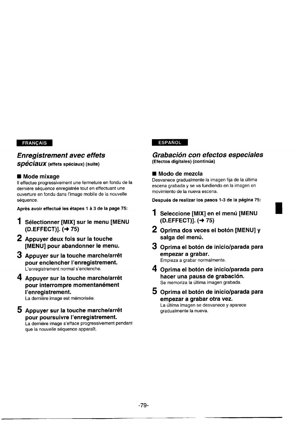 Enregistrement avec effets, Grabación con efectos especiaies | Panasonic NVDS1EG User Manual | Page 79 / 180