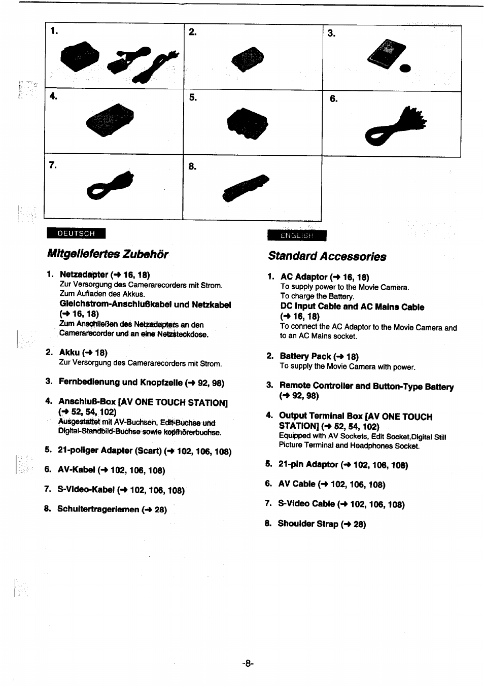 Mitgeliefertes zubehör, Standard accessories | Panasonic NVDS1EG User Manual | Page 8 / 180