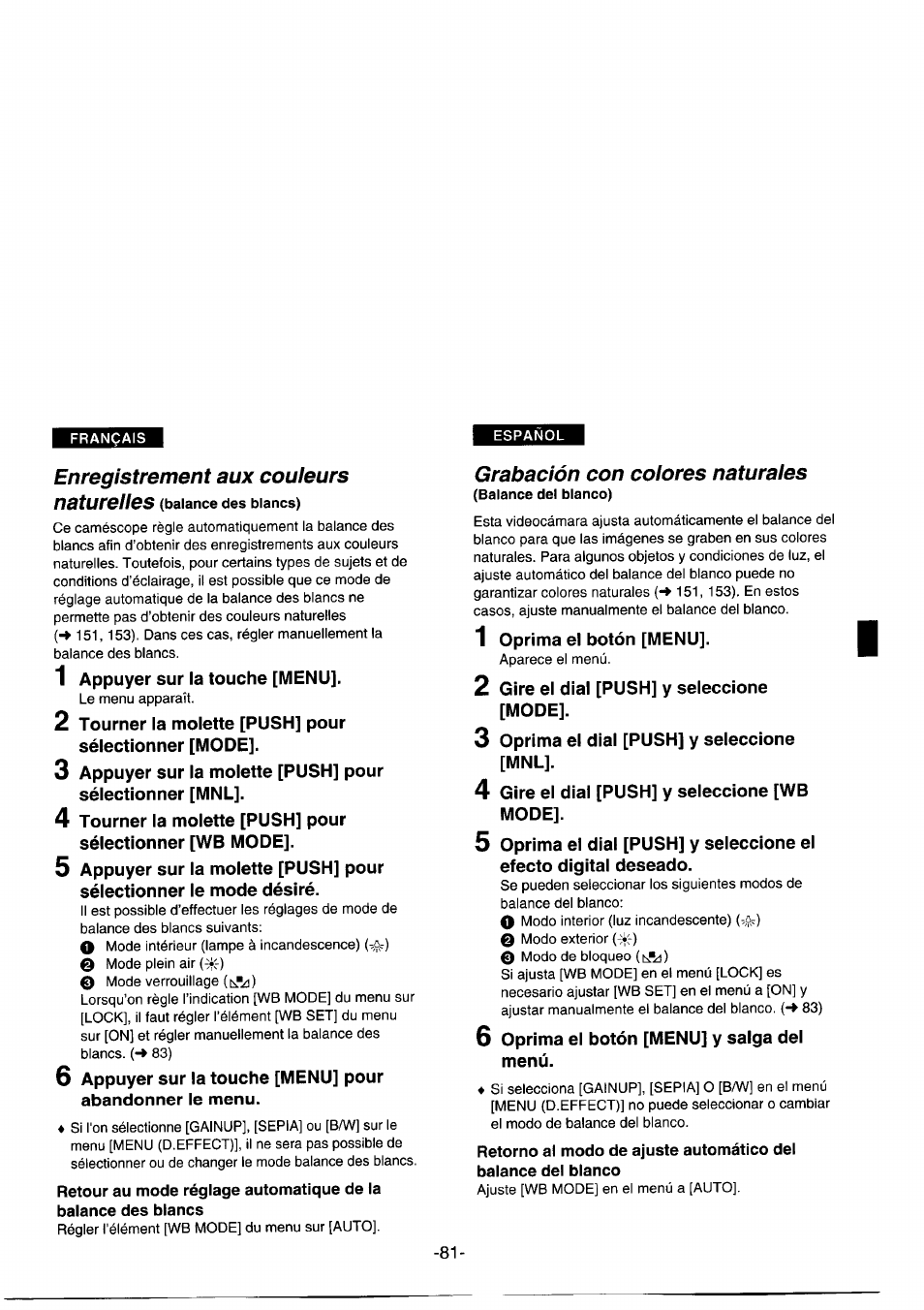 Enregistrement aux couleurs, Grabación con colores naturales | Panasonic NVDS1EG User Manual | Page 81 / 180