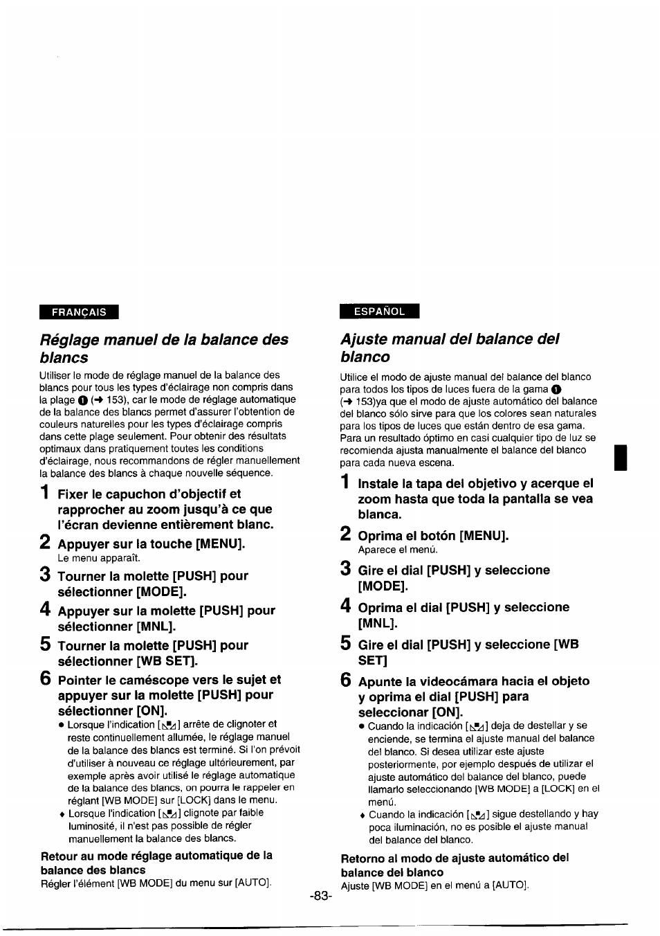 Réglage manuel de la balance des blancs, Ajuste manual del balance del blanco, Réglai manuel de la balance des maries | Panasonic NVDS1EG User Manual | Page 83 / 180