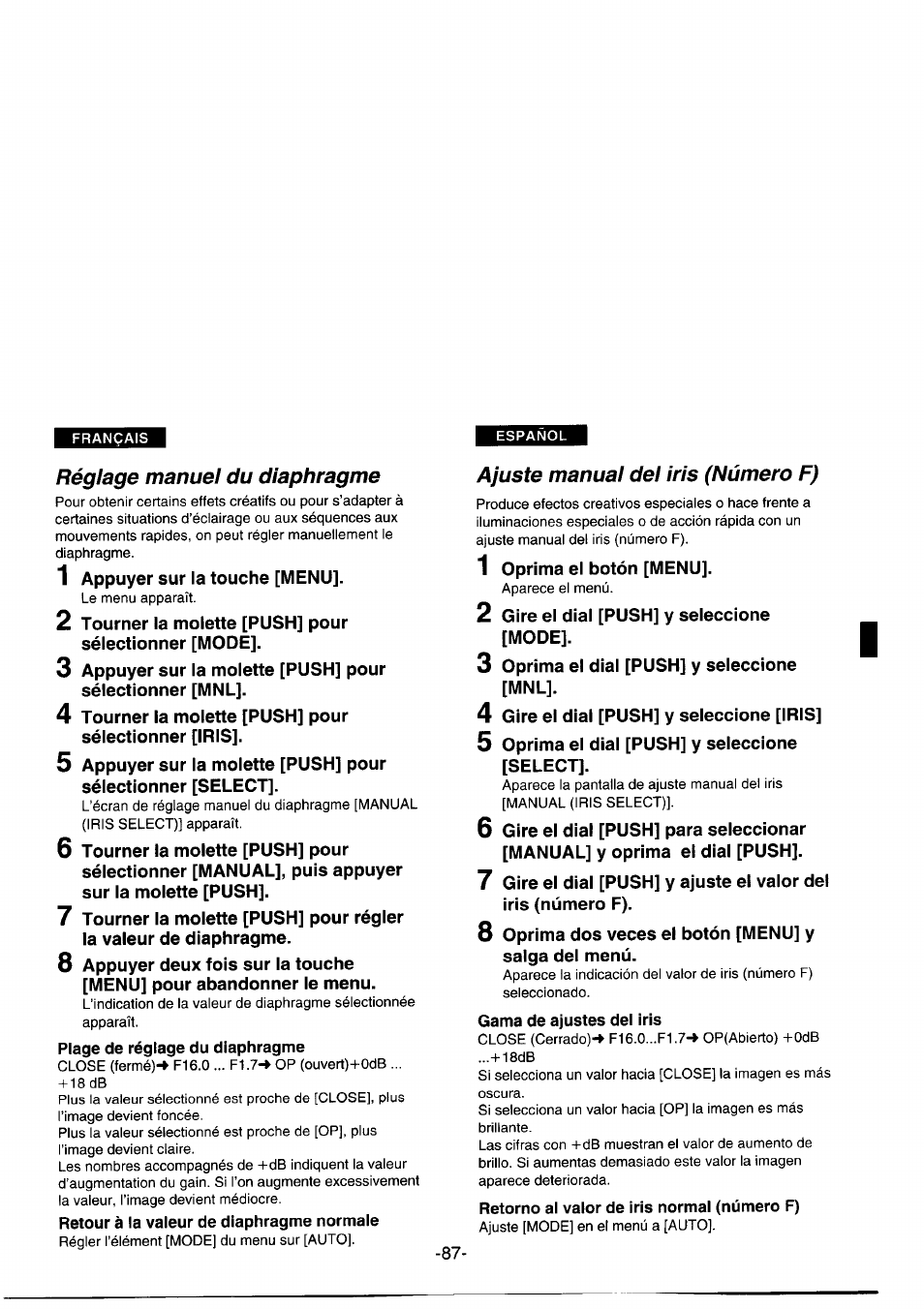 Réglage manuel du diaphragme, Ajuste manual del iris (número f) | Panasonic NVDS1EG User Manual | Page 87 / 180