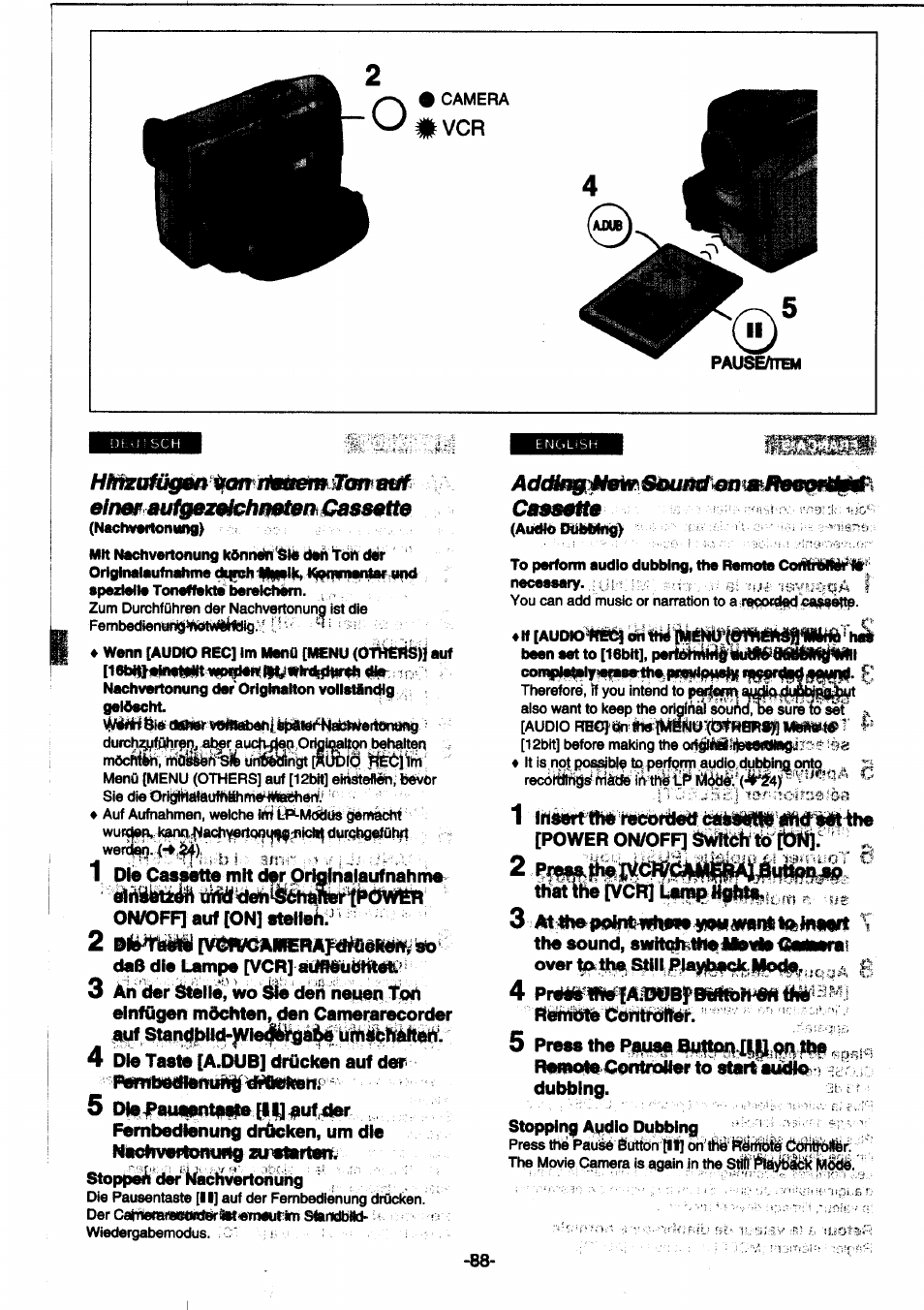 5 dipfaut||№t«ite[l|]puf^r, Stopping ai^lo dubbing, Pause/ttb | Audio i»ibwnig, Insoltino rocoraou c8swii9 1, N6moib wofiirolfor, Ca»a | Panasonic NVDS1EG User Manual | Page 88 / 180