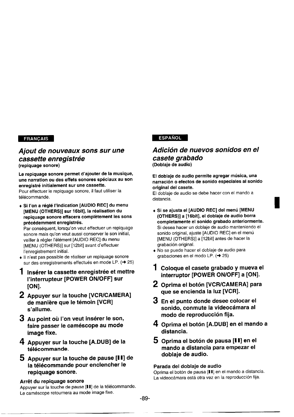 Adición de nuevos sonidos en ei casete grabado | Panasonic NVDS1EG User Manual | Page 89 / 180